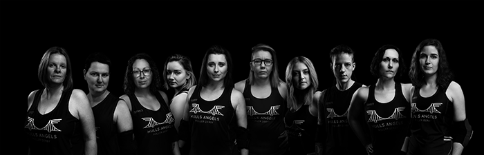 hulls angels roller derby team photograph composite of 10 of their players shot on location and edited by Darryl Brooks